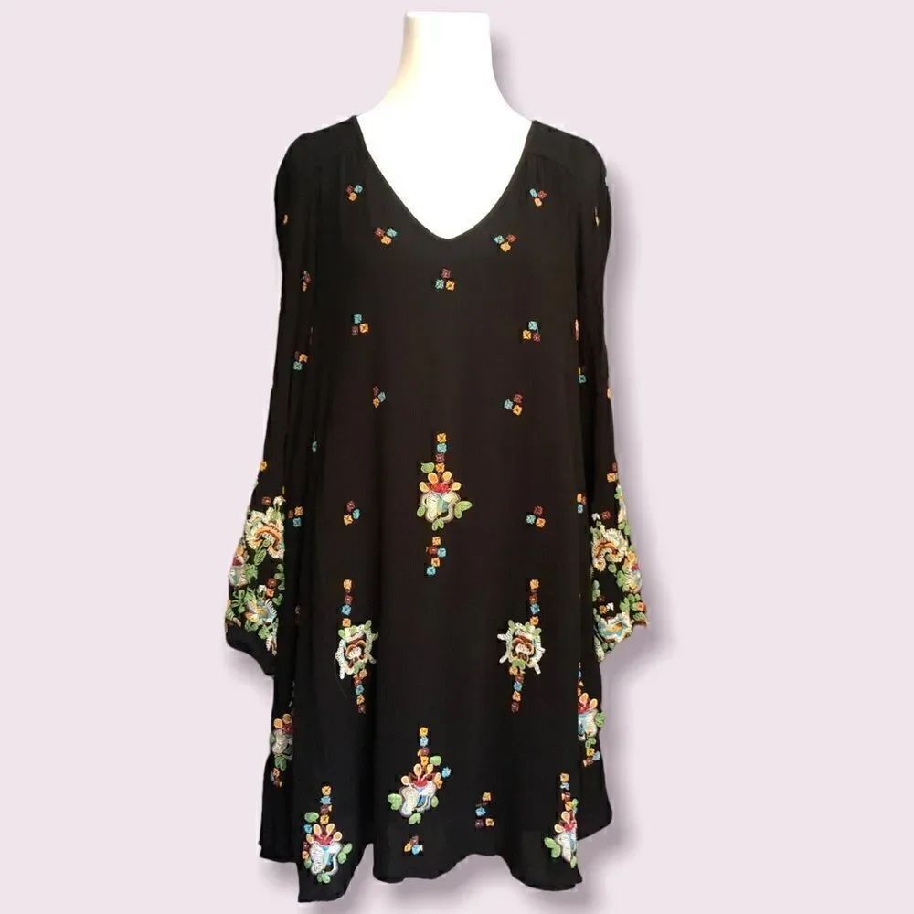 Free People New Romantic Dress Black with Embroidery Floral Motif - Hi-Low - MED